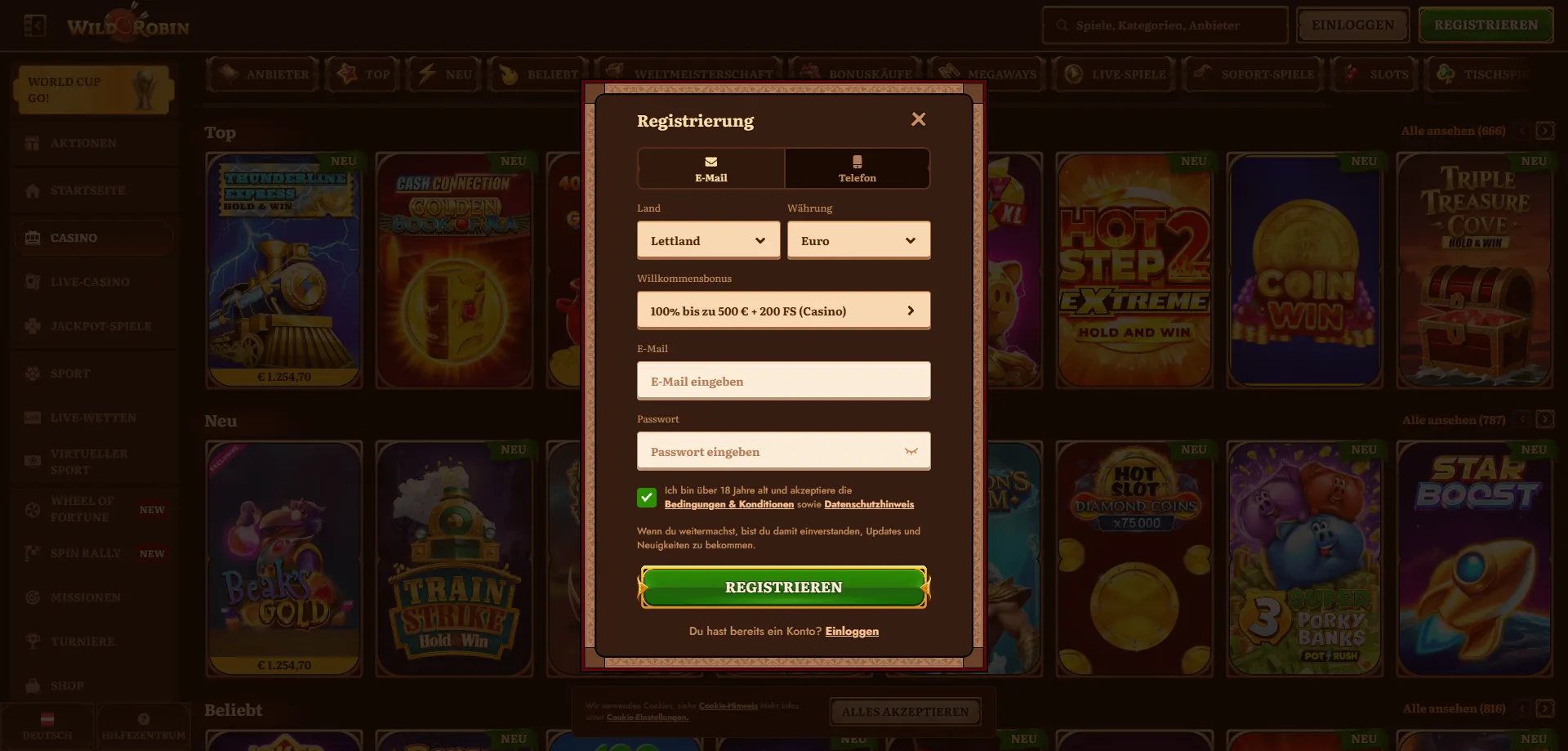 WildRobin Casino Österreich Registrierungsformular – Konto erstellen