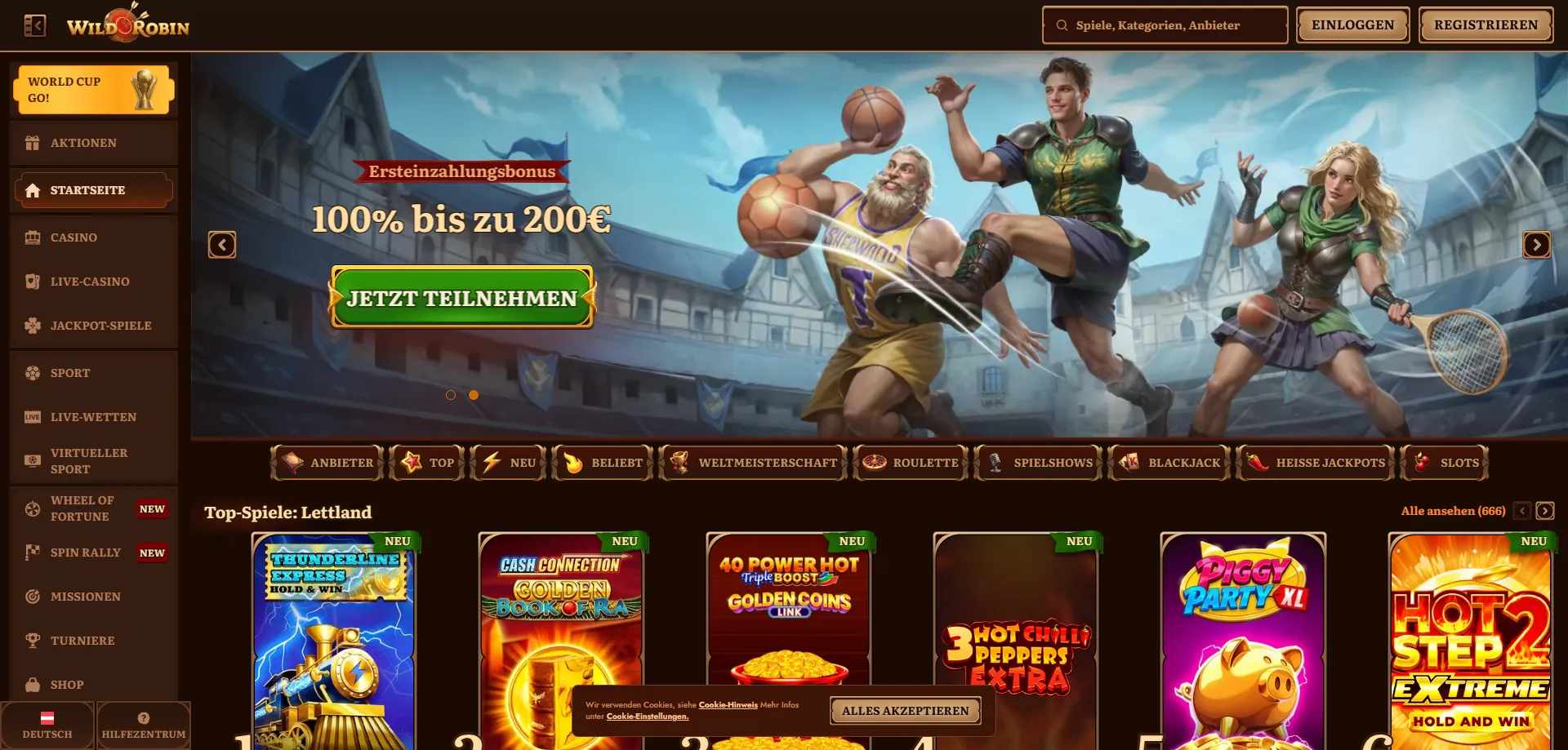 WildRobin Casino Österreich Übersicht – Startseite und Spielauswahl